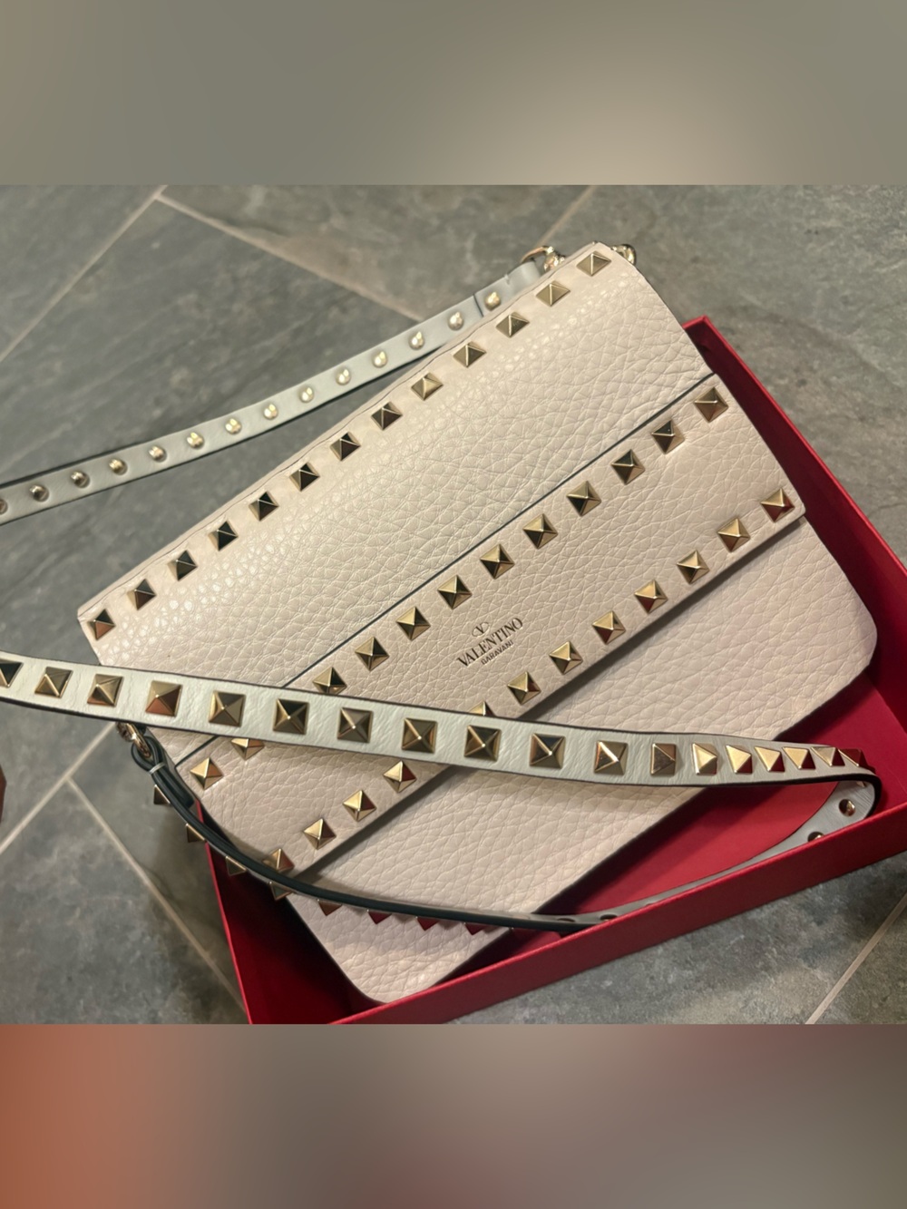 Valentino White Leather Rockstud Crossbody with Gold Studs